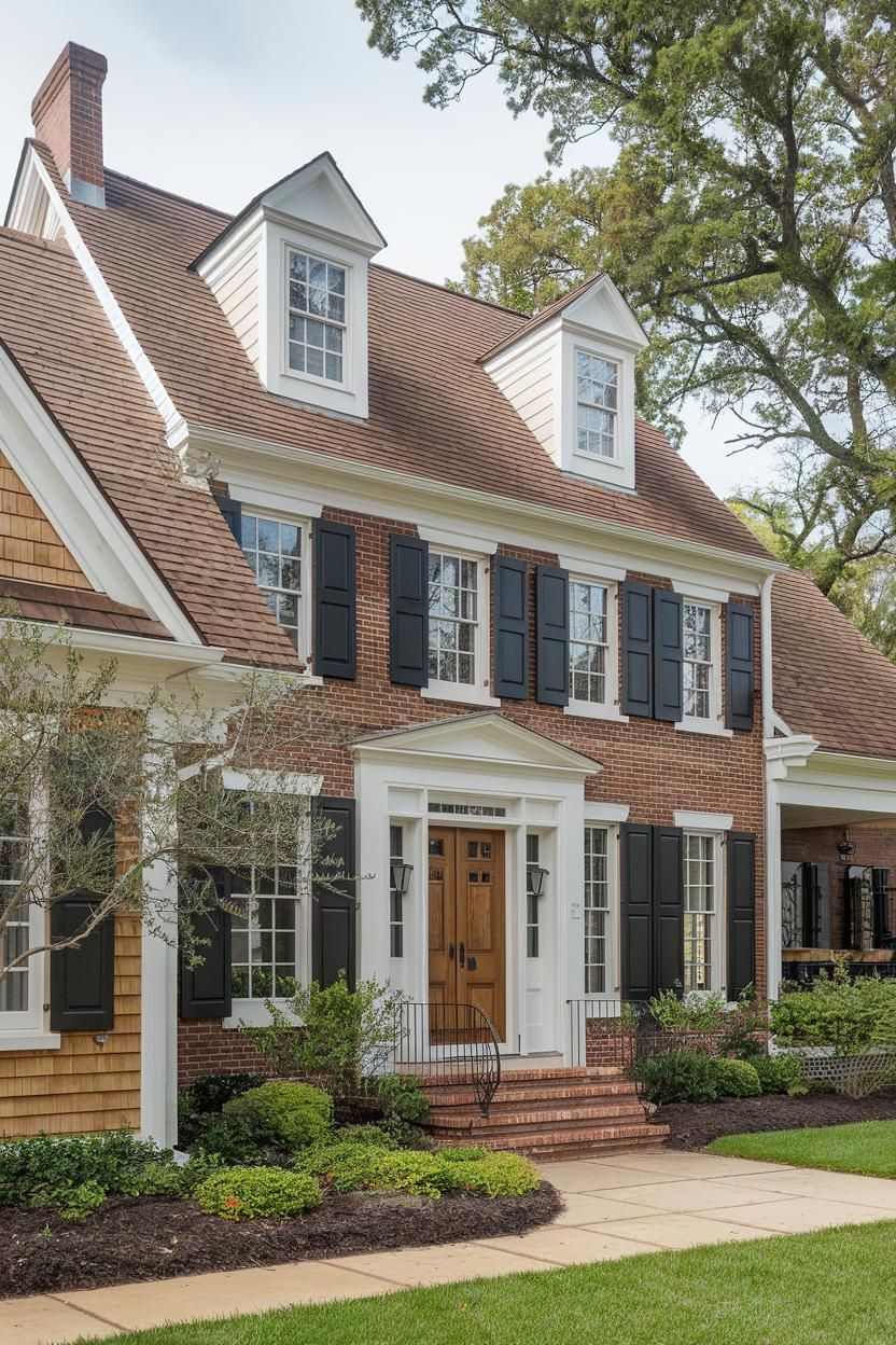 Classic suburban house with brick facade and dormer windows