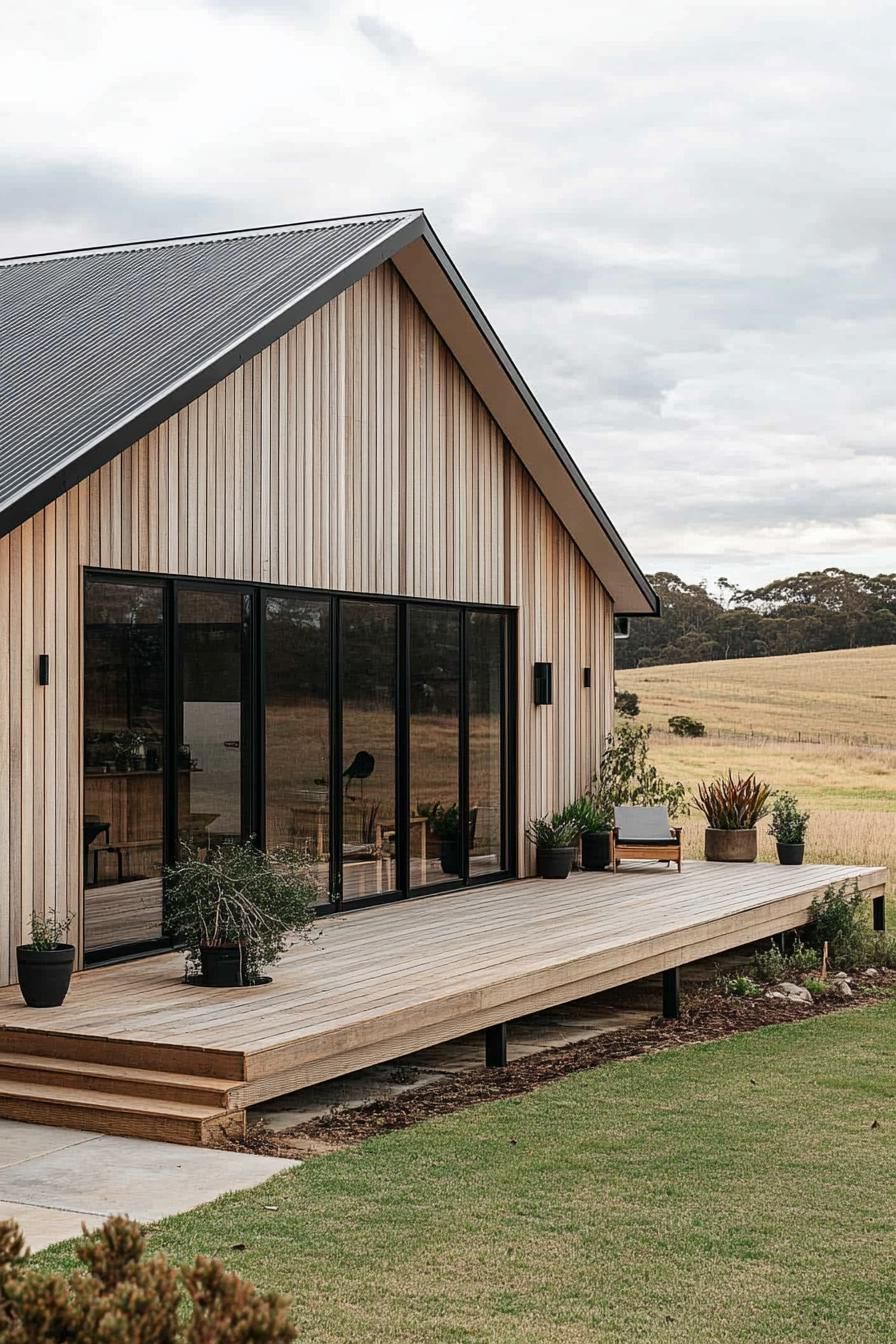 Wooden Scandinavian house with large glass doors and a deck