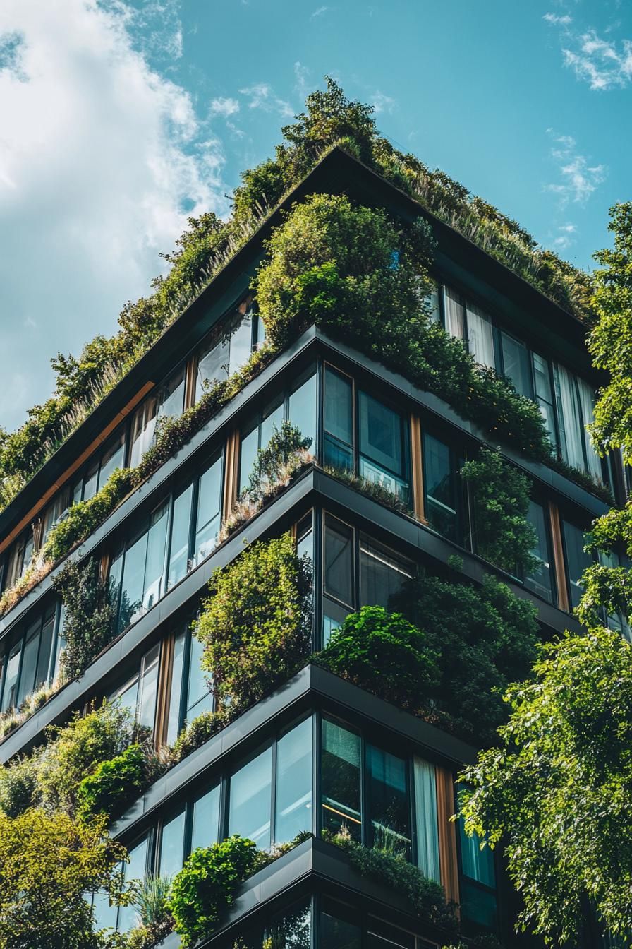 modern metal building facade architecture with green plants 1