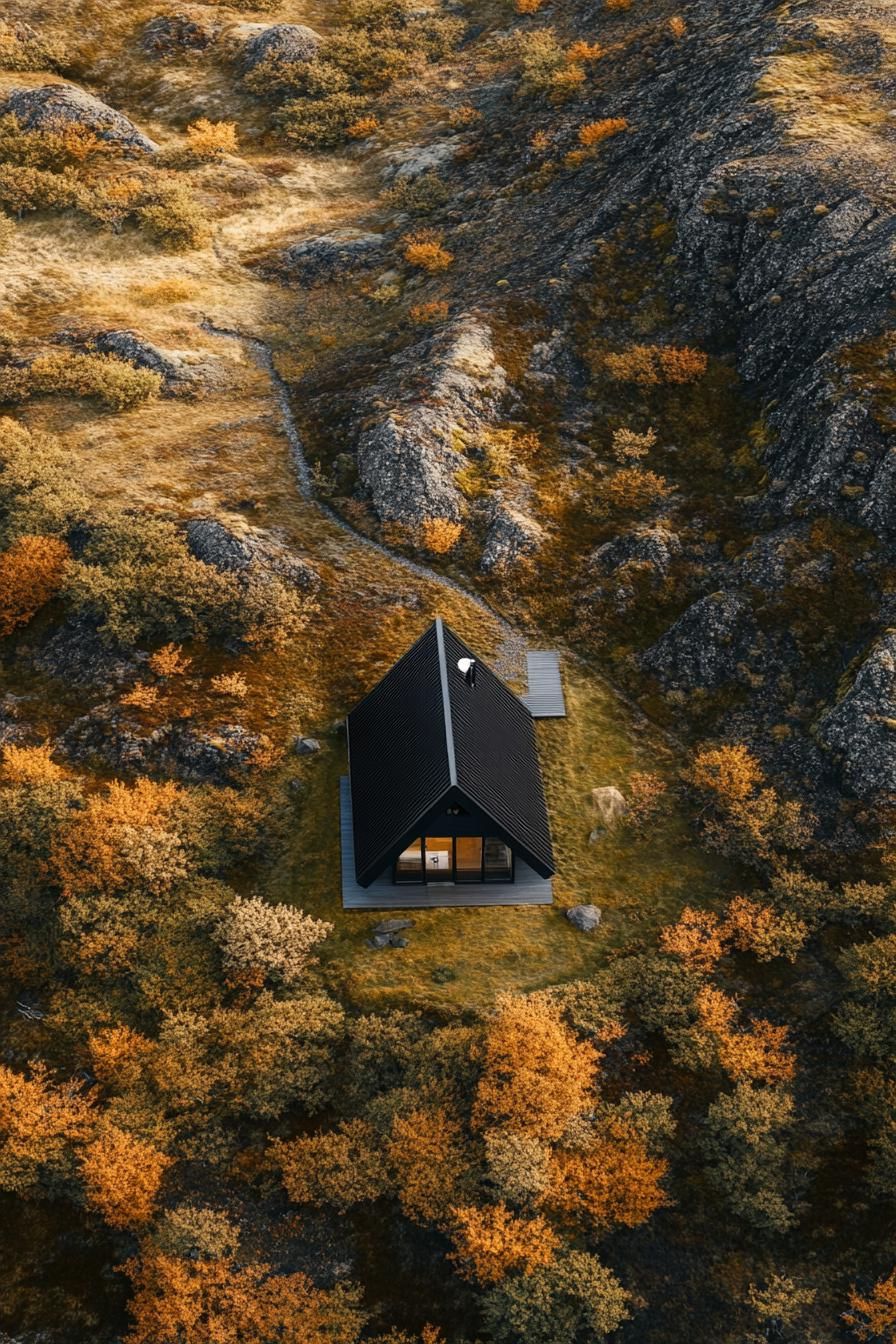 aerial view of a black a frame modern house in stunning Icelandic landscape with contrasting colors 1