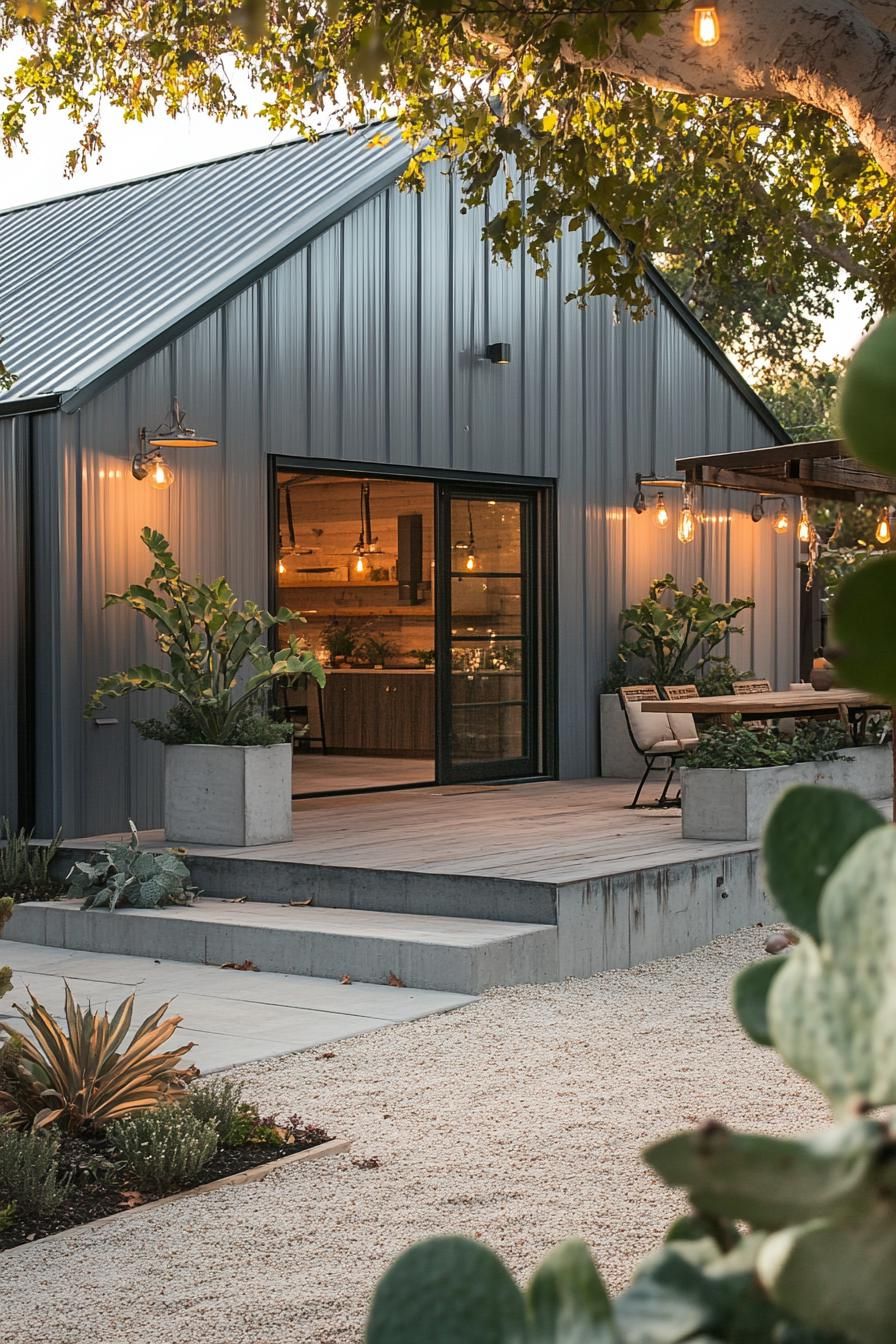 Modern barn house with warm lighting and patio