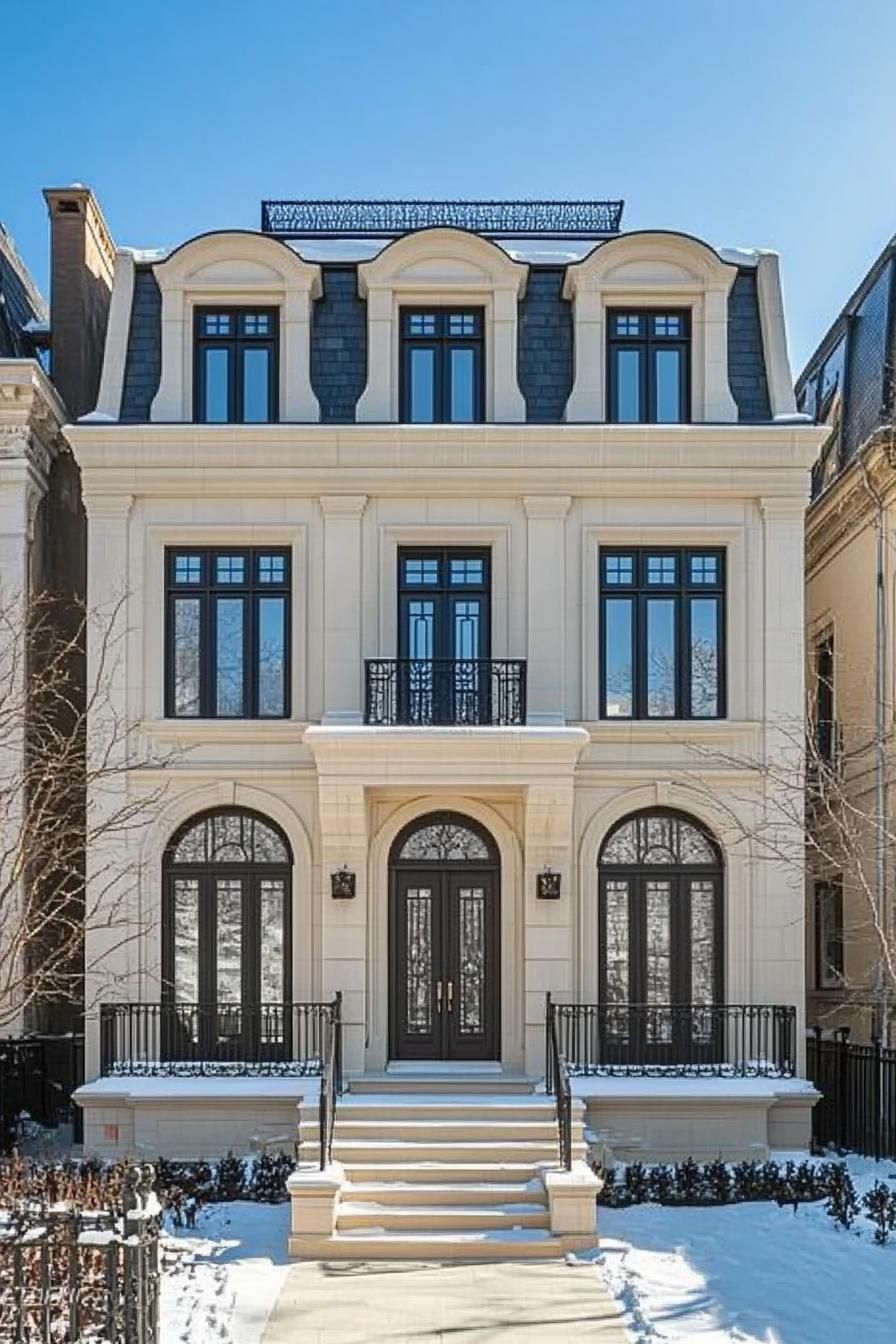 Luxurious townhouse with snow-dusted steps