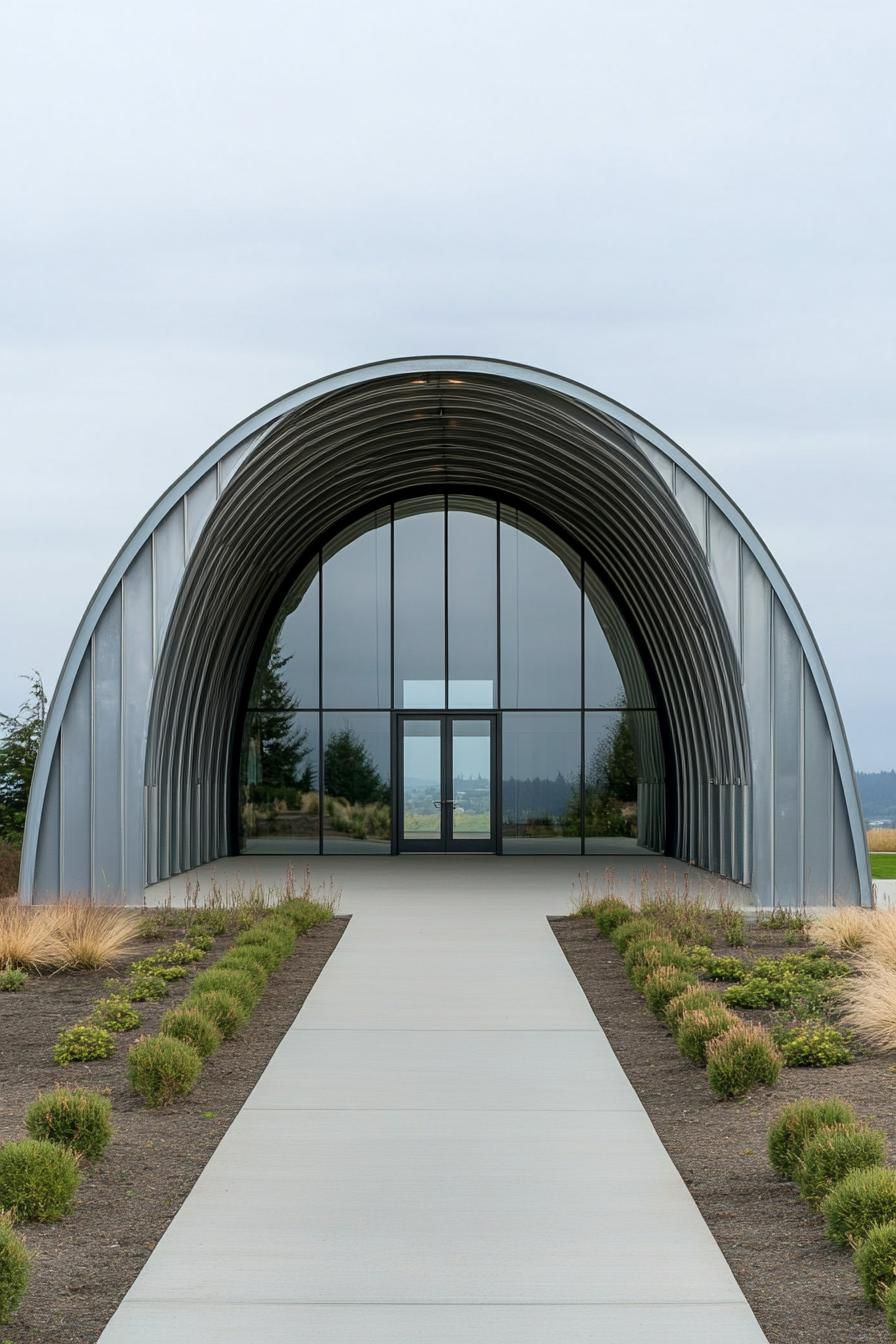 Modern Quonset hut with glass facade in a landscaped setting