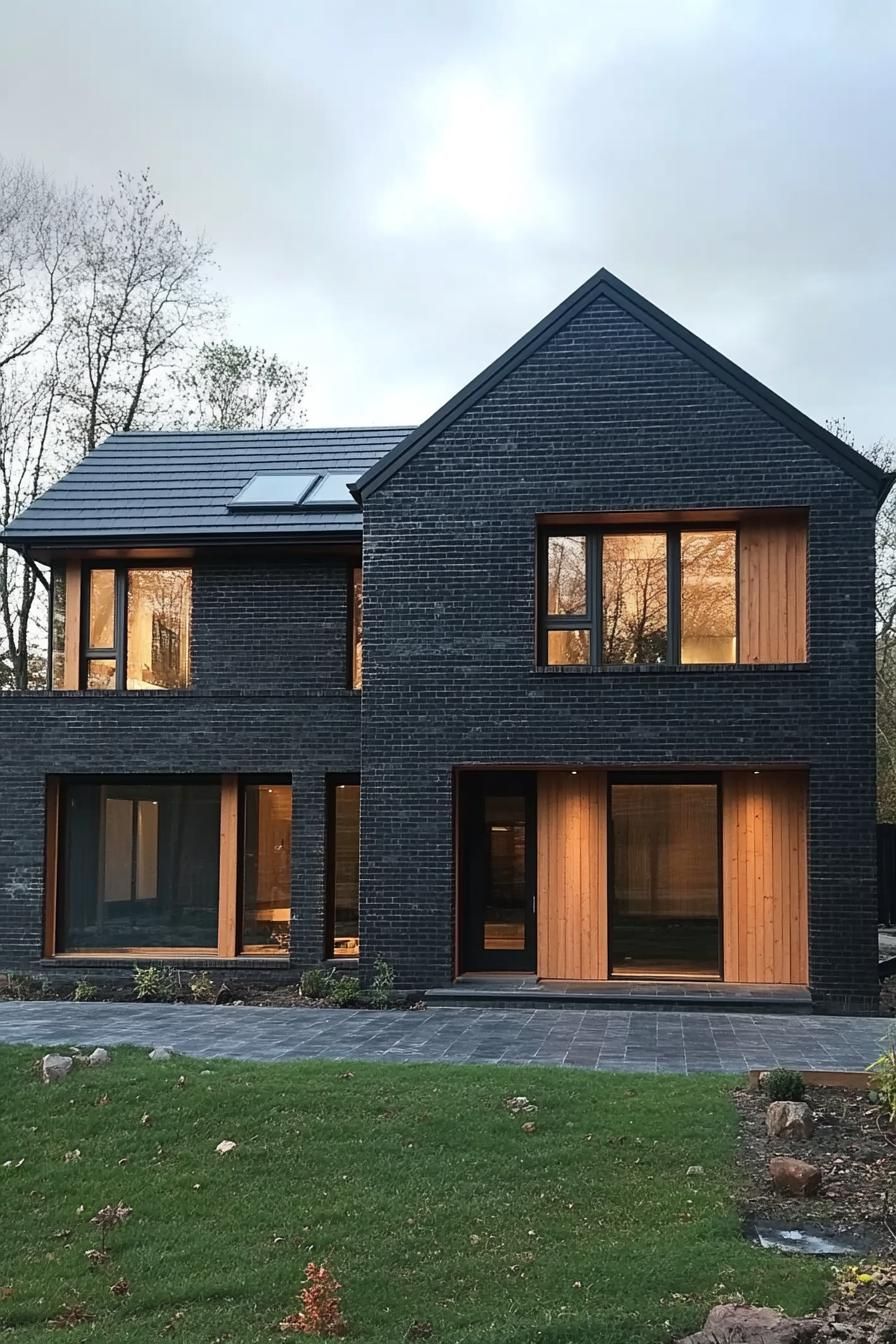 Black brick house with large windows and wooden accents