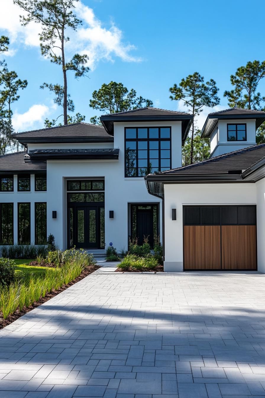 Modern house framed by tall trees and a clear sky