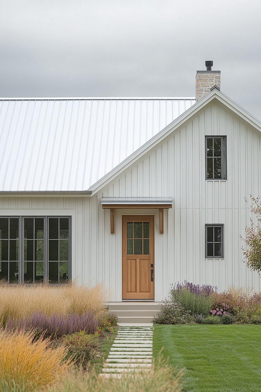 Front view of a modern long house with a metal roof and wooden door