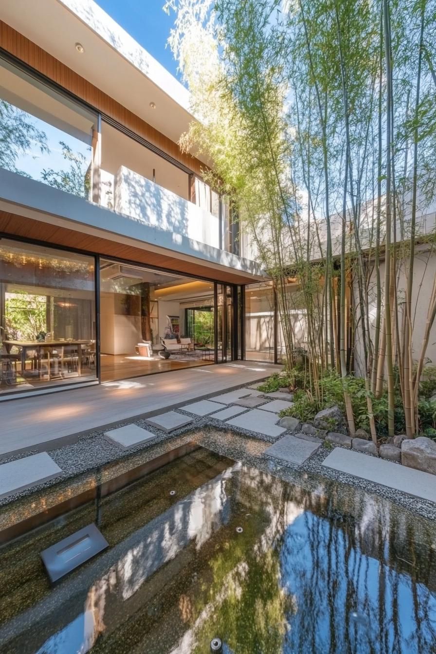 Japanese courtyard with bamboo, water feature, and wooden deck