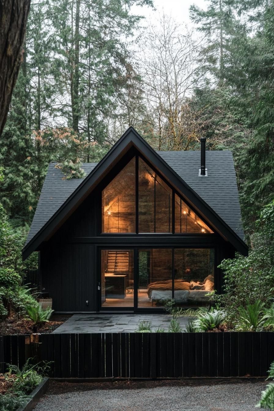 modern tiny a frame cabin with black roof and siding full wall glass window multi pitched roof black wooden fence in front lush forest in the