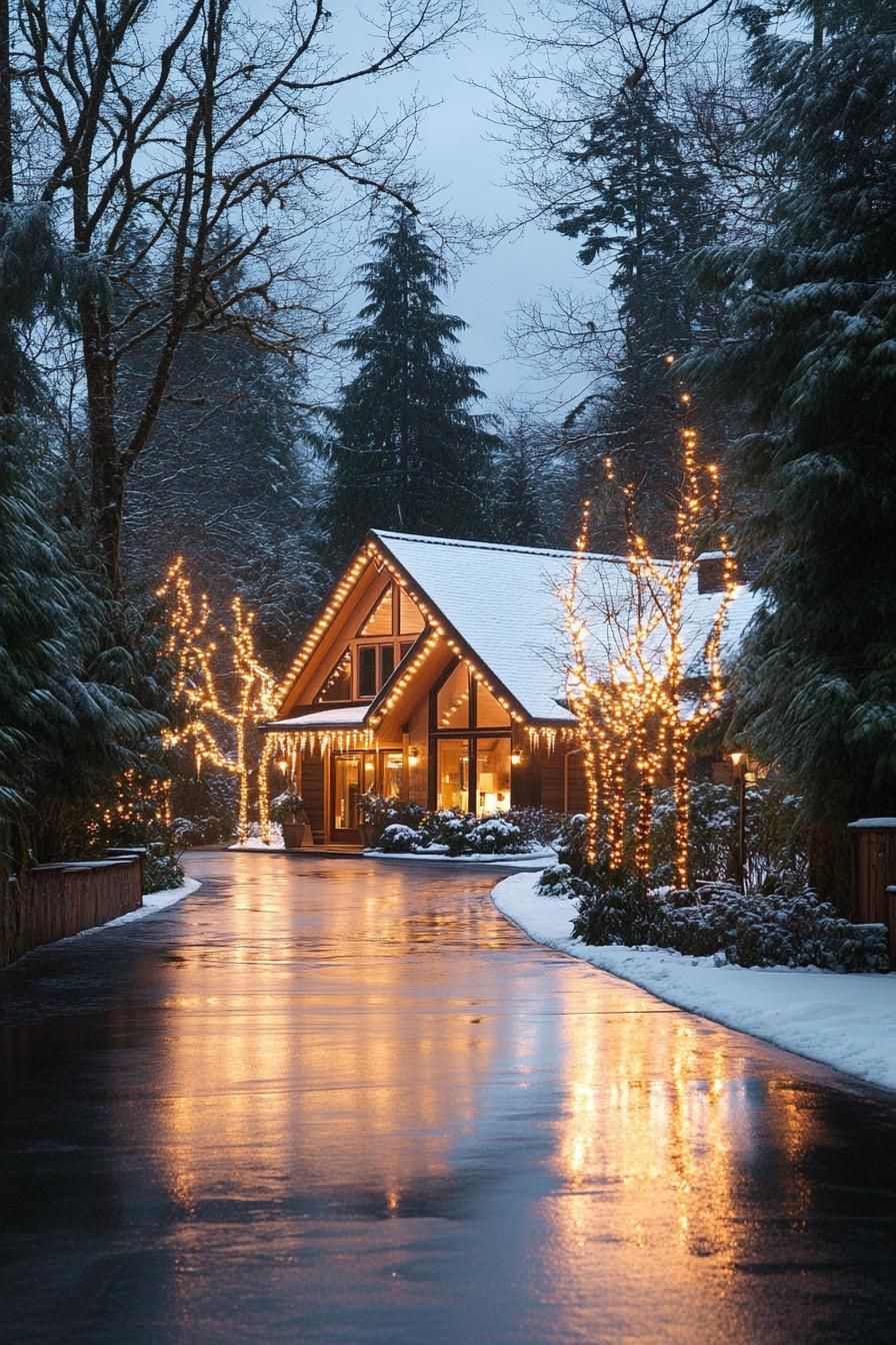 modern forest chalet with gabled roof wintertime with lots of snow wet driveway lined with string lights house trimmed with string lights front