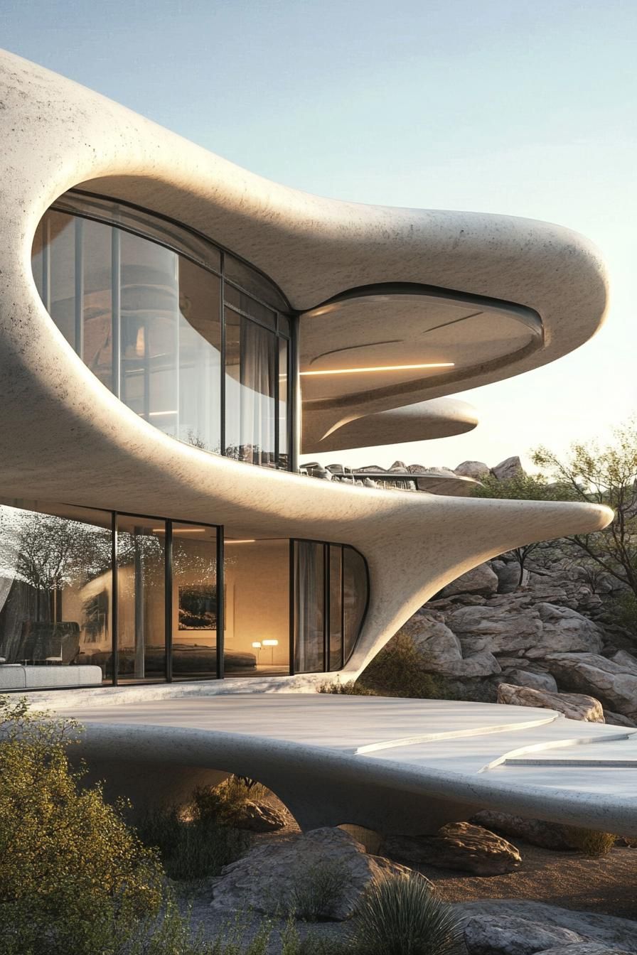 Futuristic home with curvy white architecture and large windows