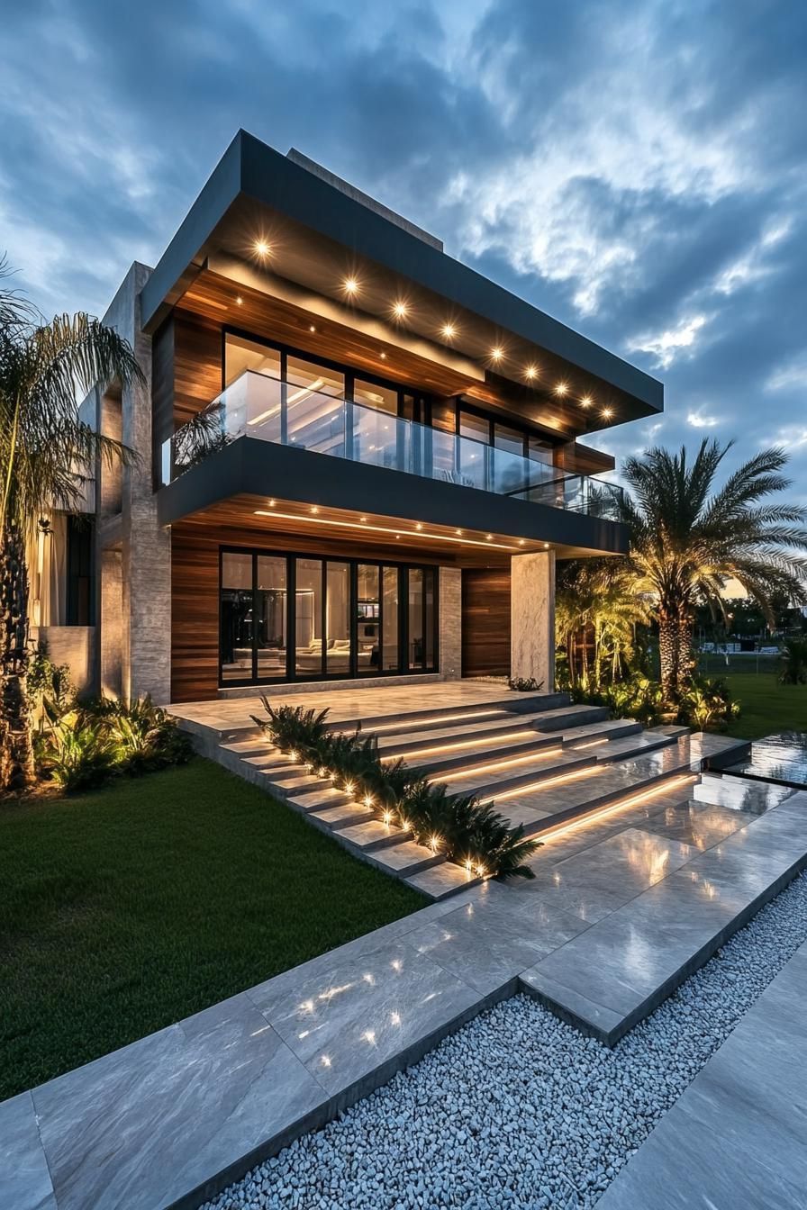 modern villa design with concrete facade large balcony with glass railings full wall window glass LED lit natural wood accent panelts LED lit