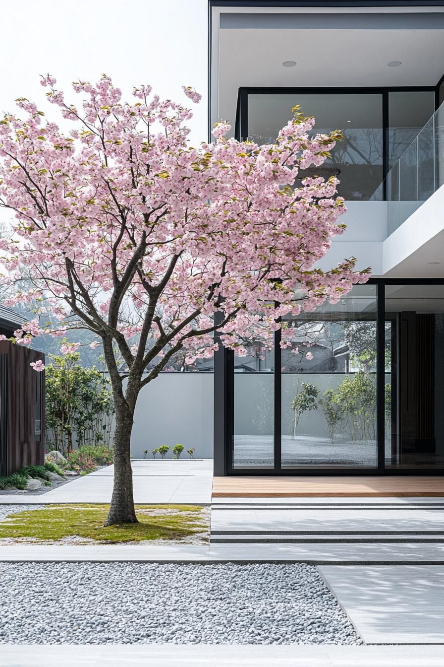 Cherry tree in a modern Japanese courtyard with glass walls