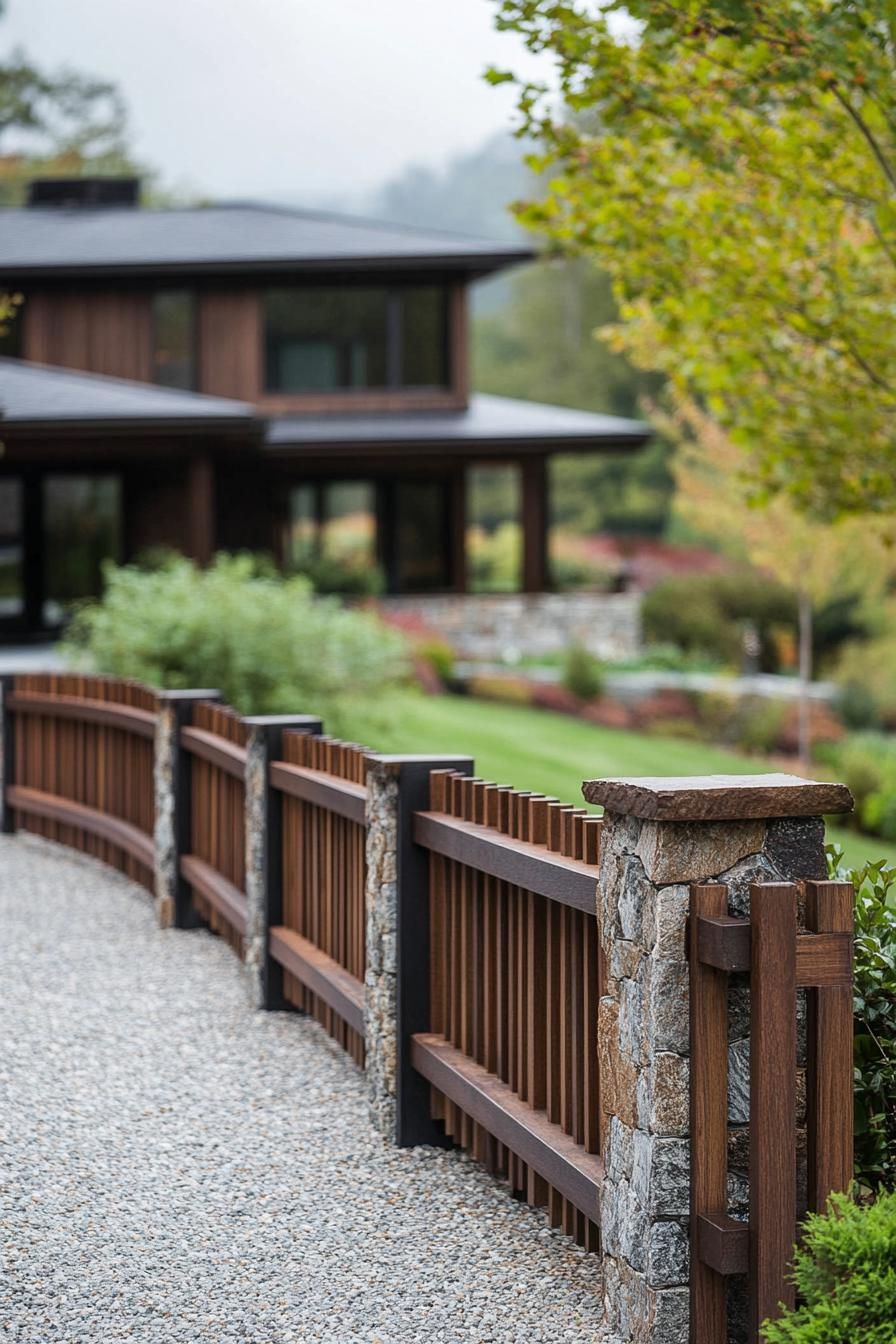 modern 90 style house front yard with wooden slat fence and stone fence posts hill village in the background 3