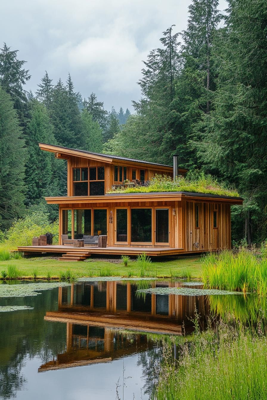 modern timber cabin with rooftop garden by a pond in a pristine green valley 2