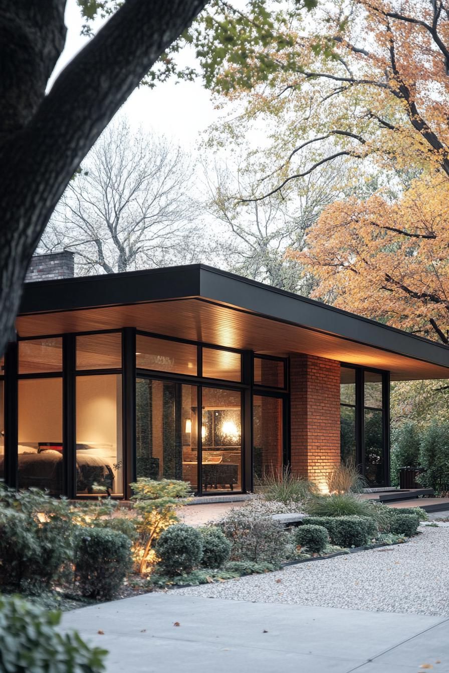 modern 70s style house exterior with flat roof and large eaves in suburban tree lined alley