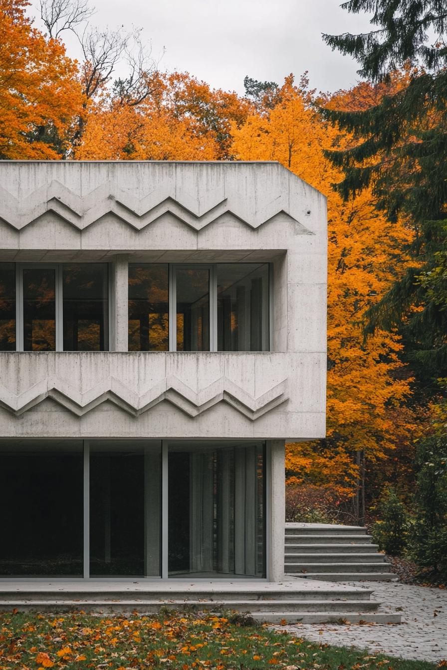 modern house with precast concrete facade in art deco zigzags maple forest in the background in autumn