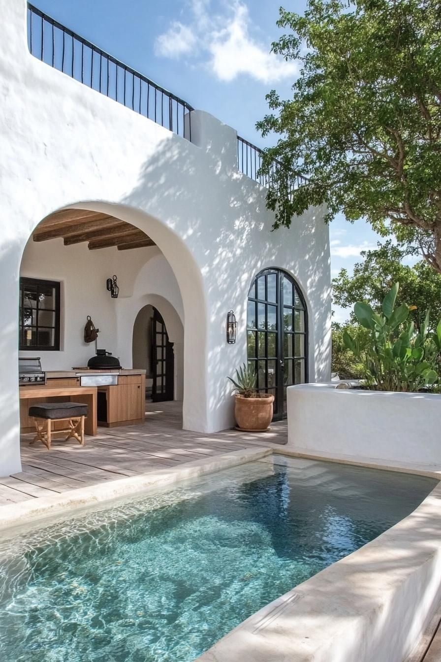 small modern white spanish house courtyard with a plunge pool theres an outdoor kitchen under large arched deck 1
