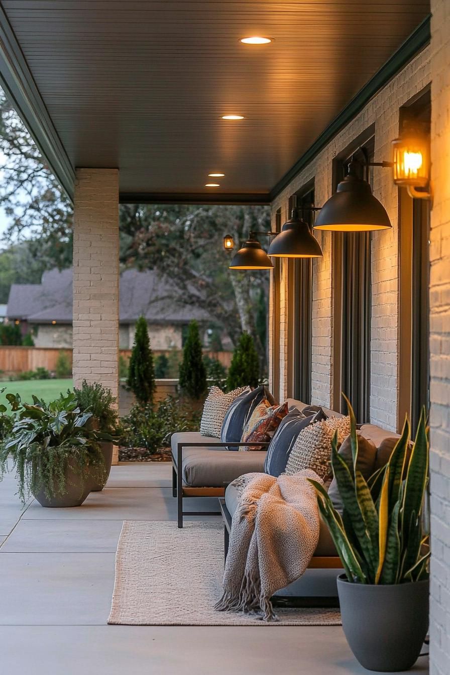 mid century modern house front porch with mid century lighting fixtures and seating draped with throw blanket 1