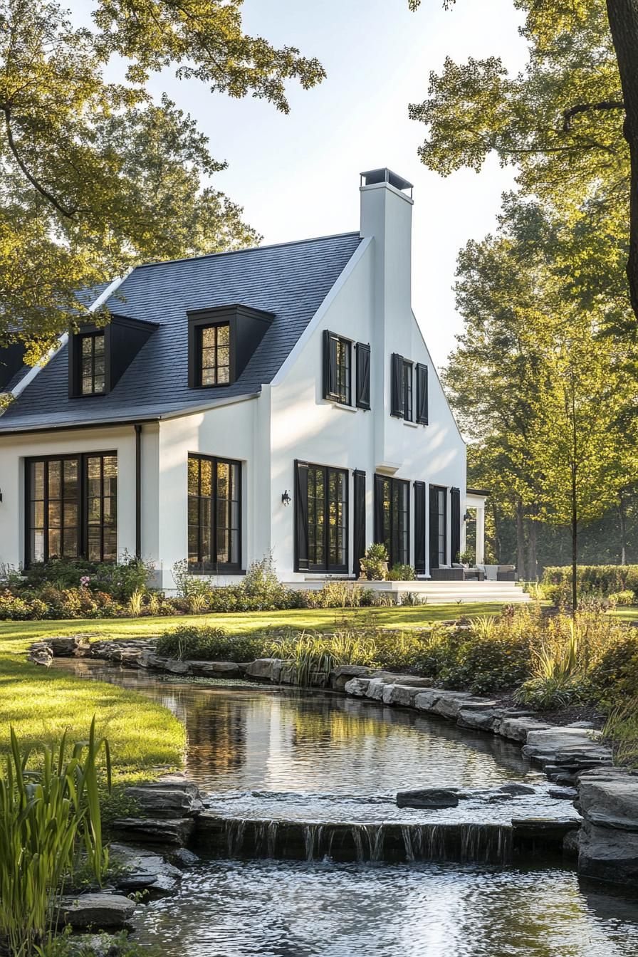 modern French chalet white house facade with black shutters provincal estate with a stream in front yard