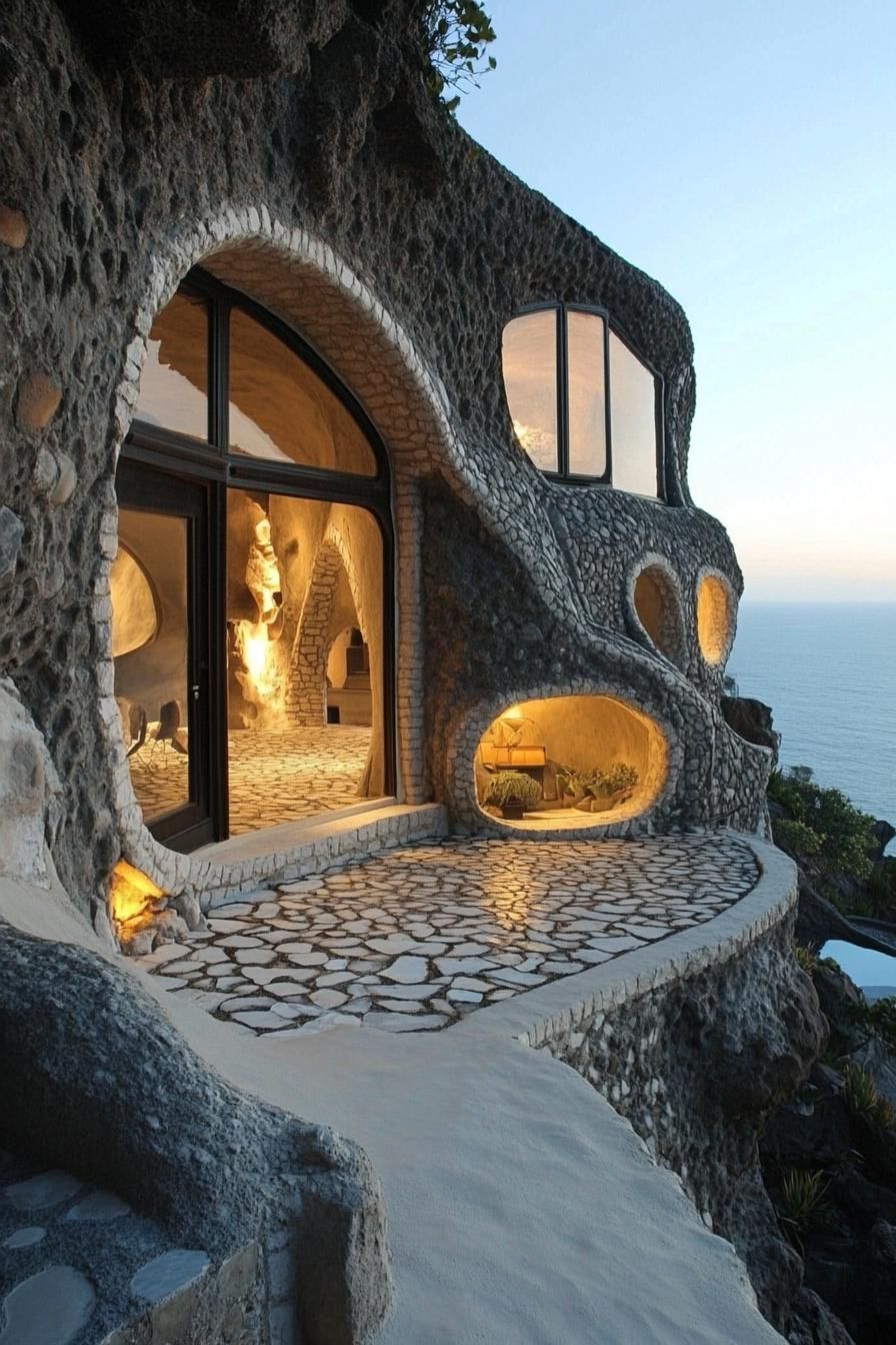 modern earth bermed house facade built into a cave with stone mosaic walls in stunning ocean side cliffs 1