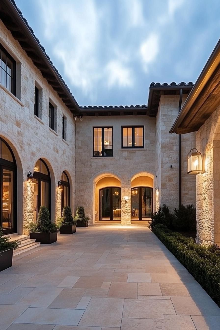 spanish style house courtyard polished limestone facade large tile arches shrubs outdoor lamp fixtures modern windows path LED lighting