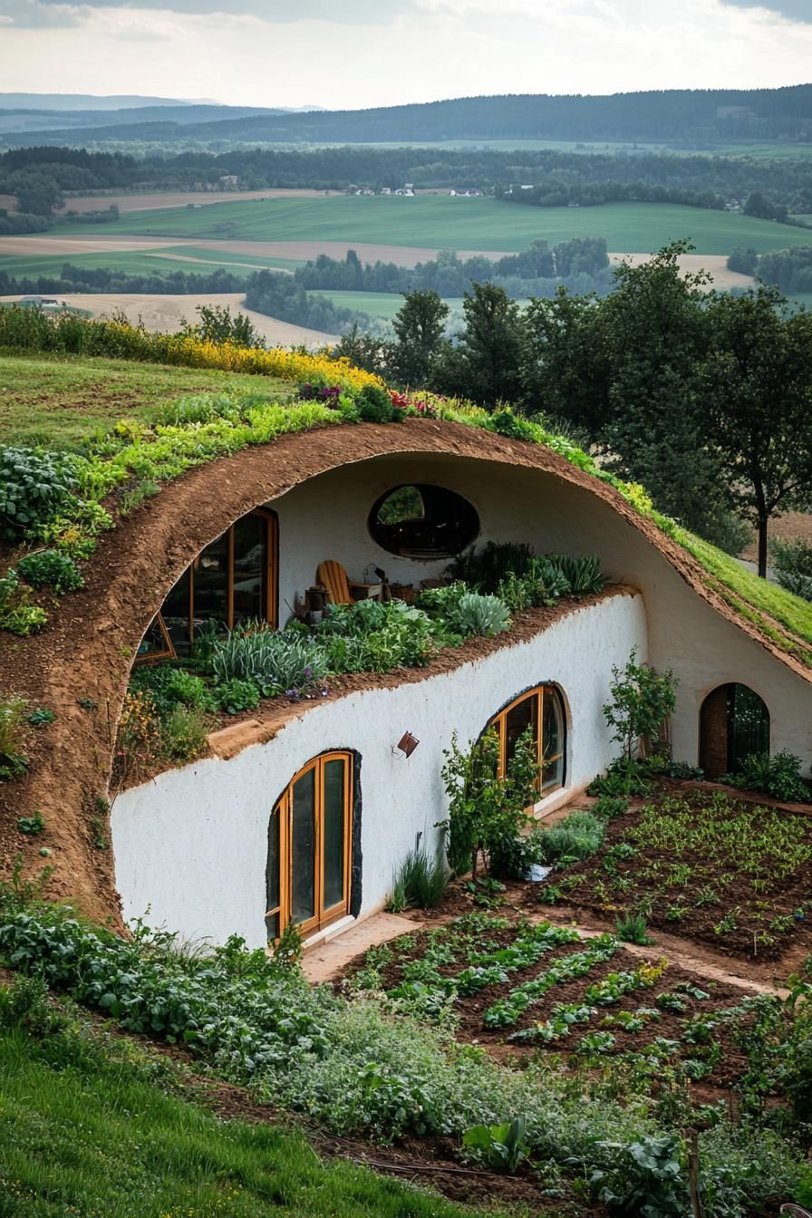 modern earth bermed house with earth covered roof with veggie garden in picturesque hilly farmlands 1