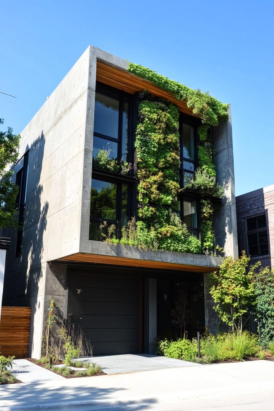 modern house with precast concrete facade with living green wall city neighborhood