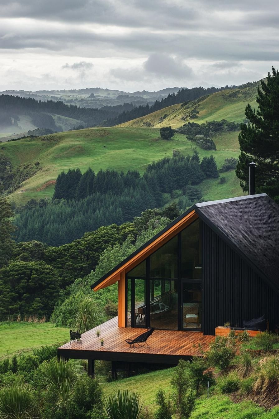 mid century modern cabin assymetrical geometric facade stunning green New Zealand hills 1