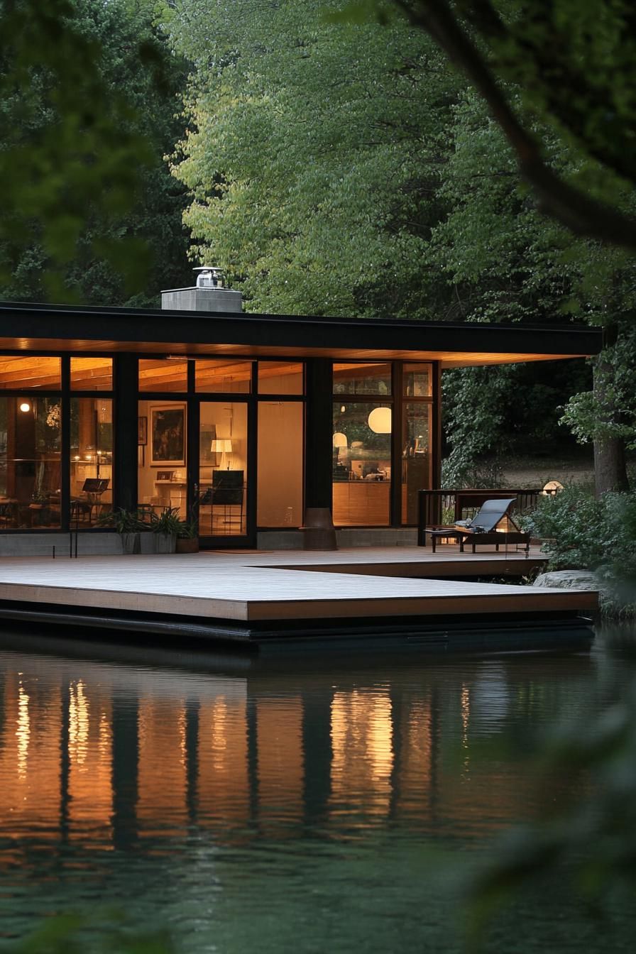 mid century modern cabin with expansive windows and sliding doors floating lake platform 3
