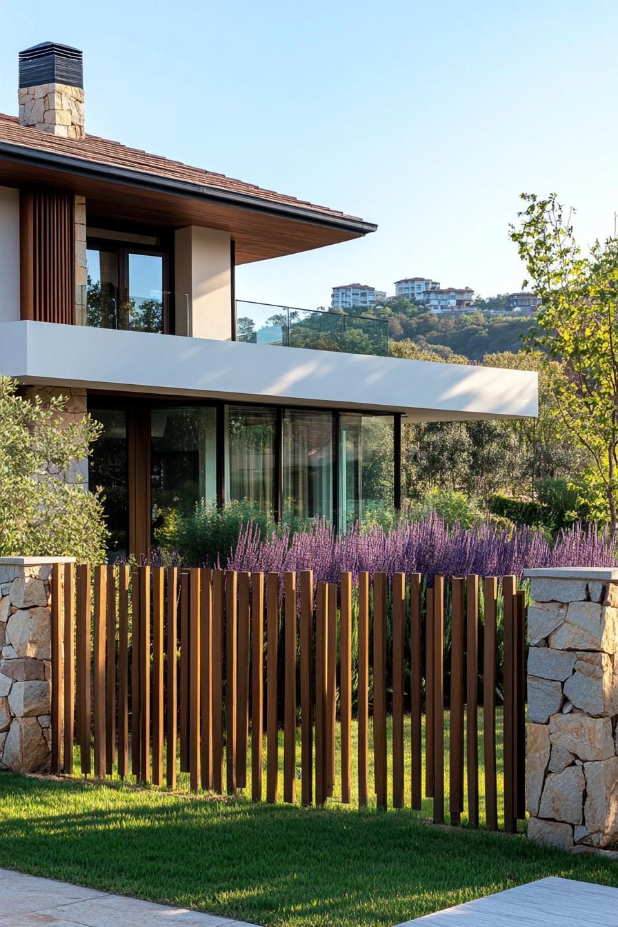 modern 90 style house front yard with wooden slat fence and stone fence posts hill village in the background