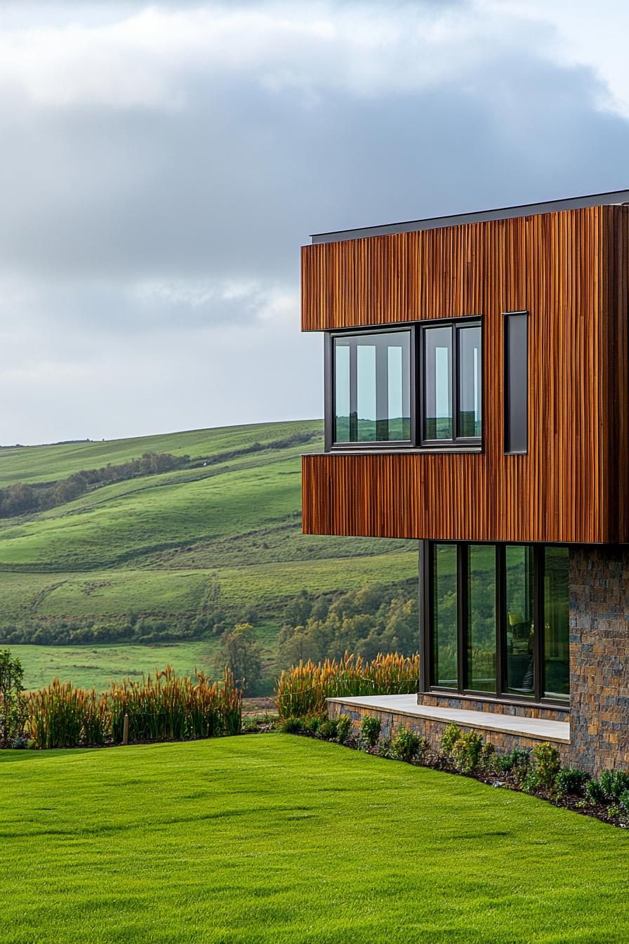 modern rural industrial steel house facade with wood cladding in green hilly valley