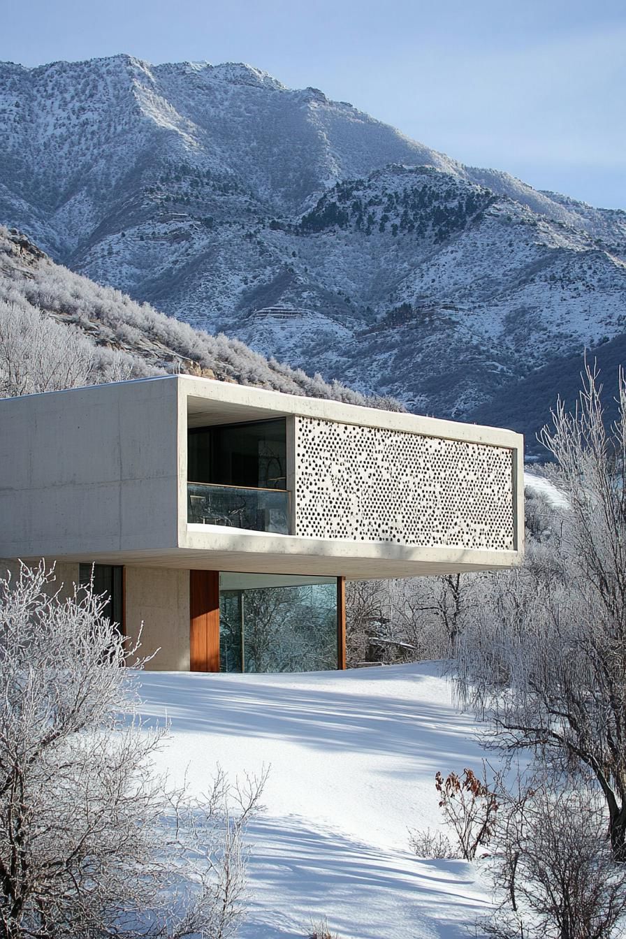 modern house with perforated precast concrete facade imposing snowy mountain in the background 3