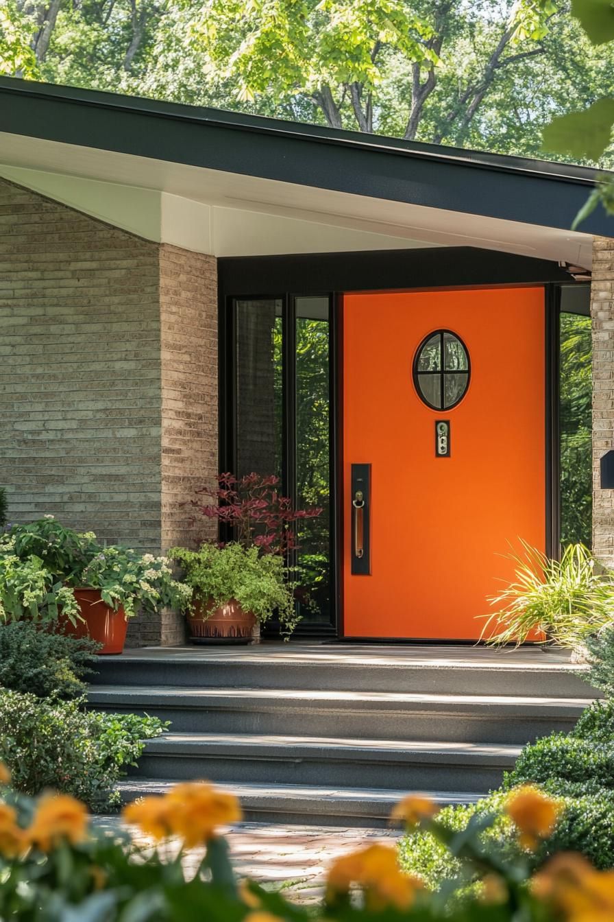 mid century modern house front porch with vibrant orange door and vintage knocker 2
