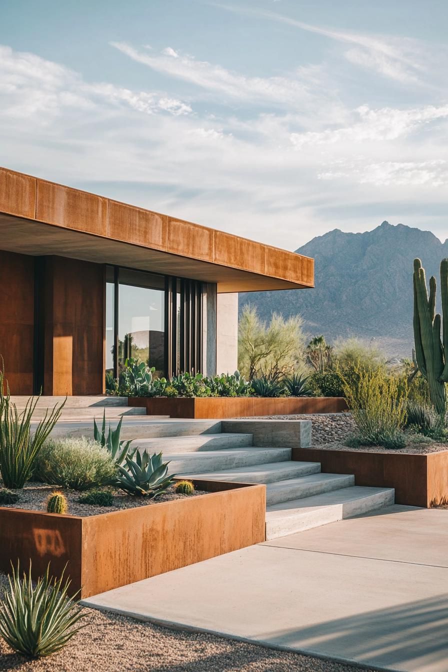 modern 70s style house front yard with cement planter boxes stunning arid mountain landscape in the background 3