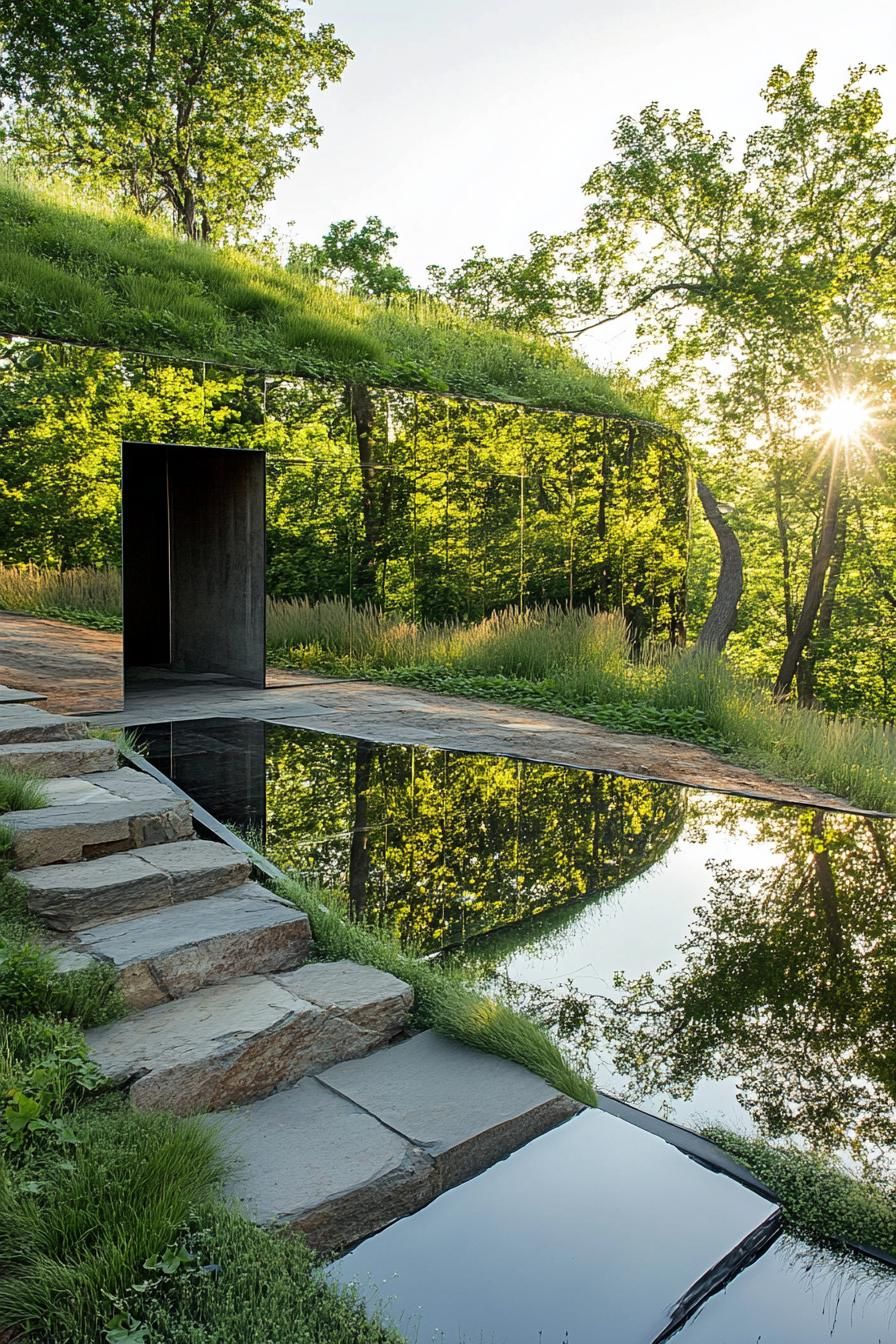modern earth sheltered house with mirror facade buil into forest hills