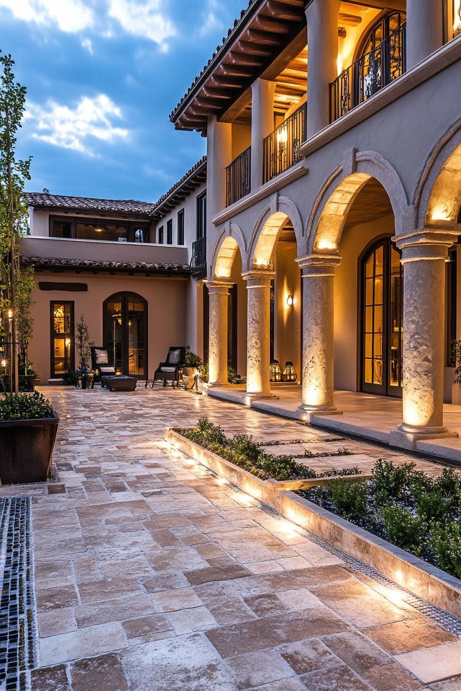 modern spanish house courtyard with arches and columns mosaic tile floor LED lighting dusk scene