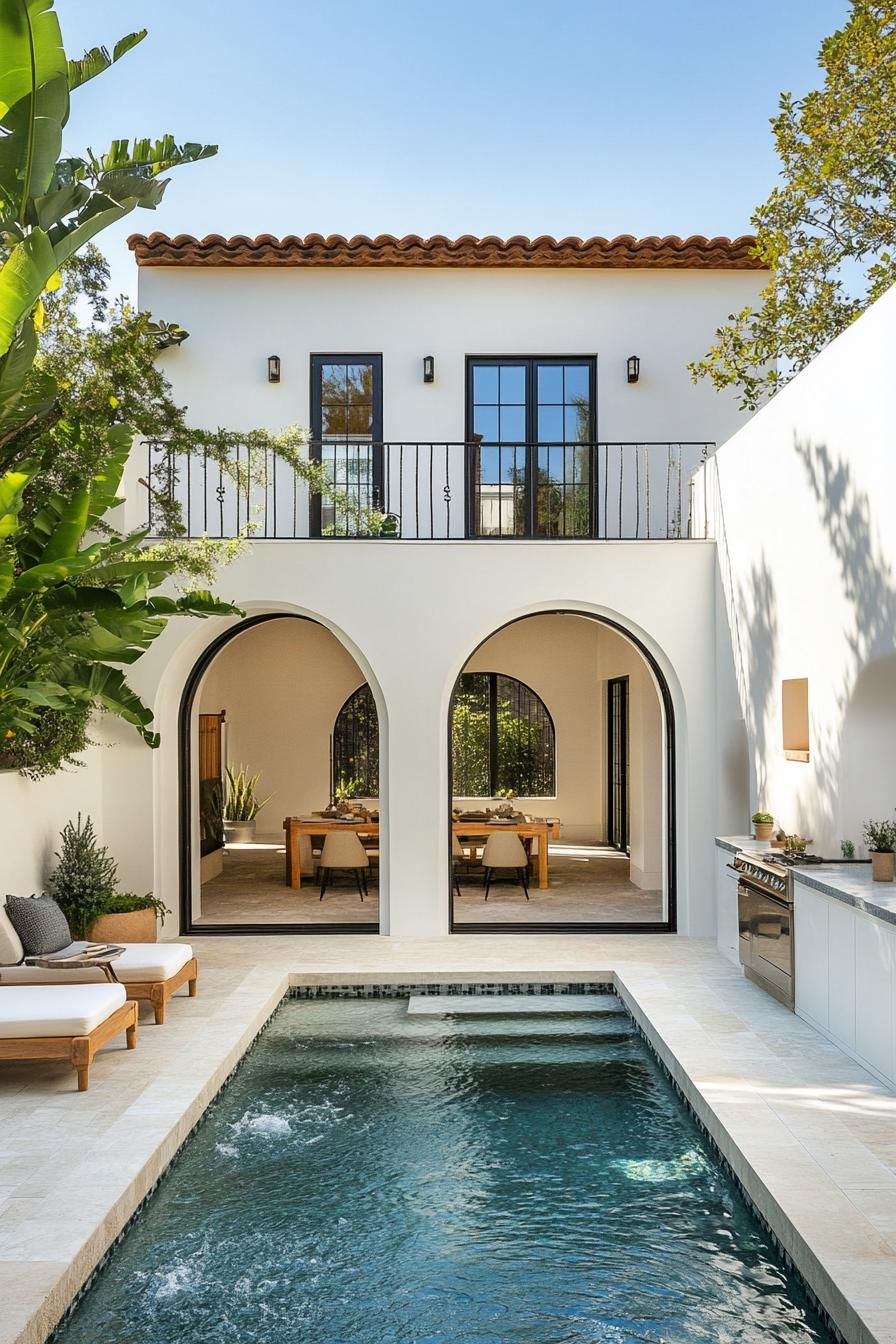 small modern white spanish house courtyard with a plunge pool theres an outdoor kitchen under large arched deck