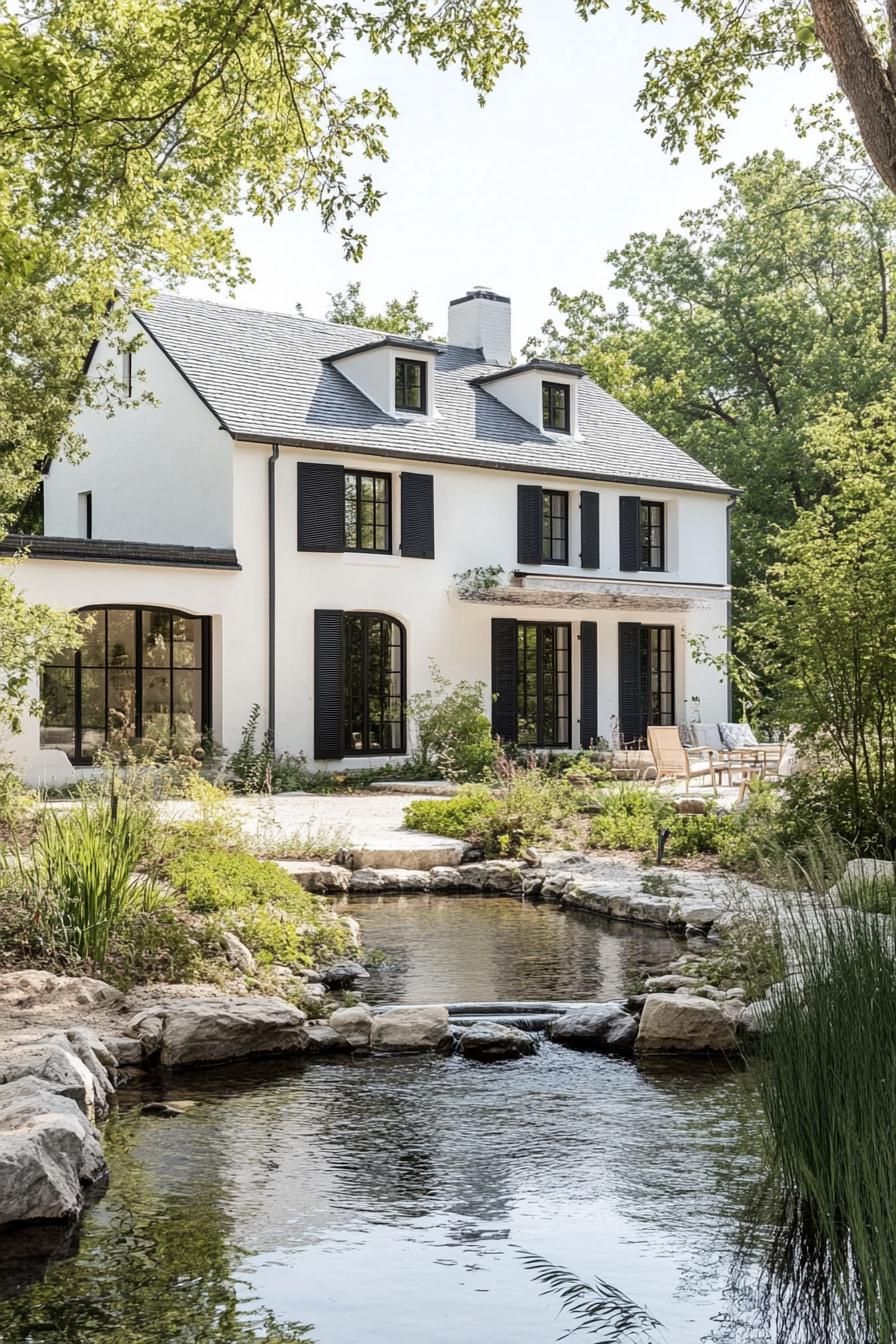 modern French chalet white house facade with black shutters provincal estate with a stream in front yard 1