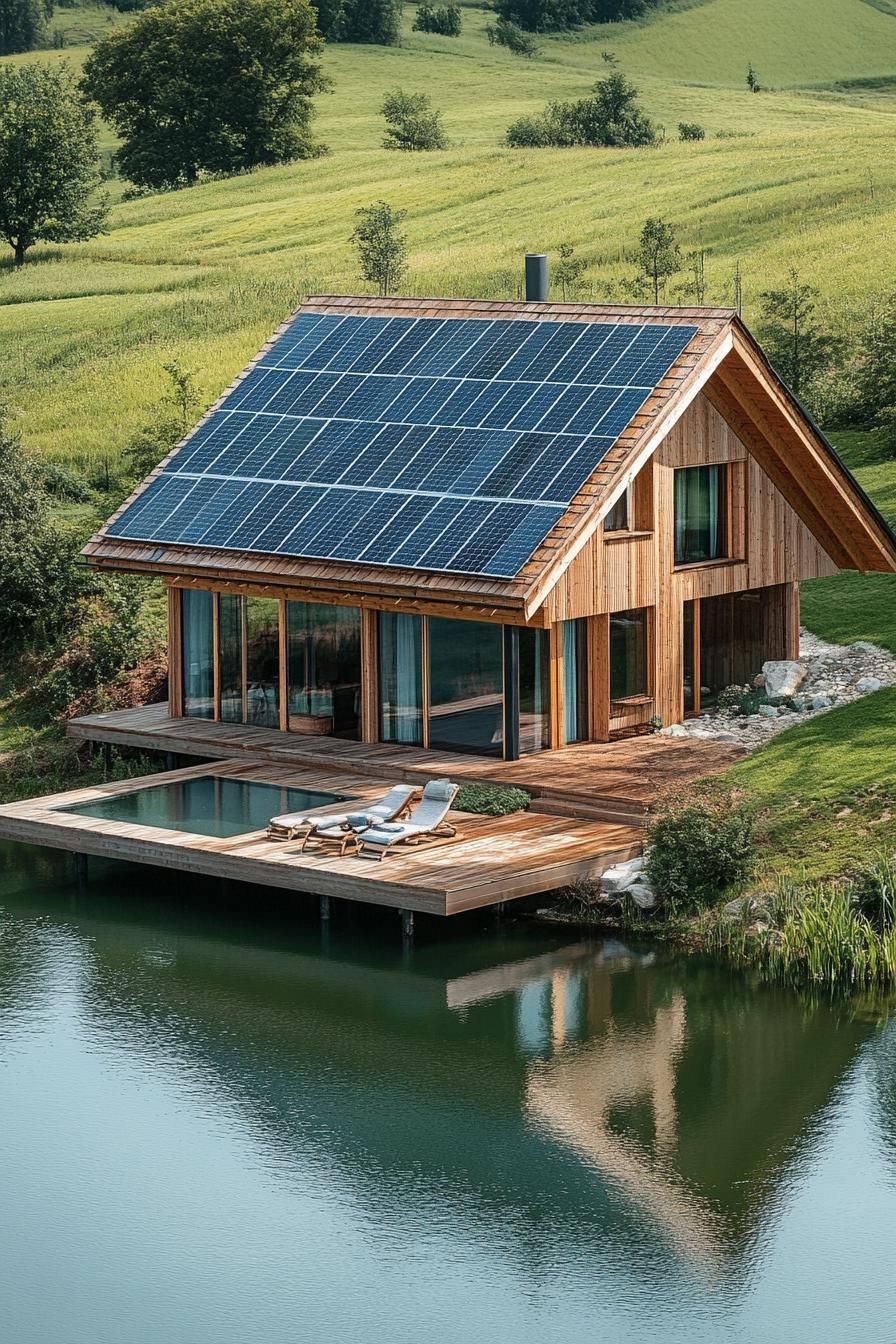modern timber cabin house with solar panel roof by a lake in open green fields 2