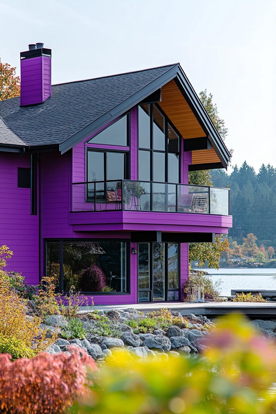 modern 90s style house facade with purple geometric paint color accents beautiful lake in the background