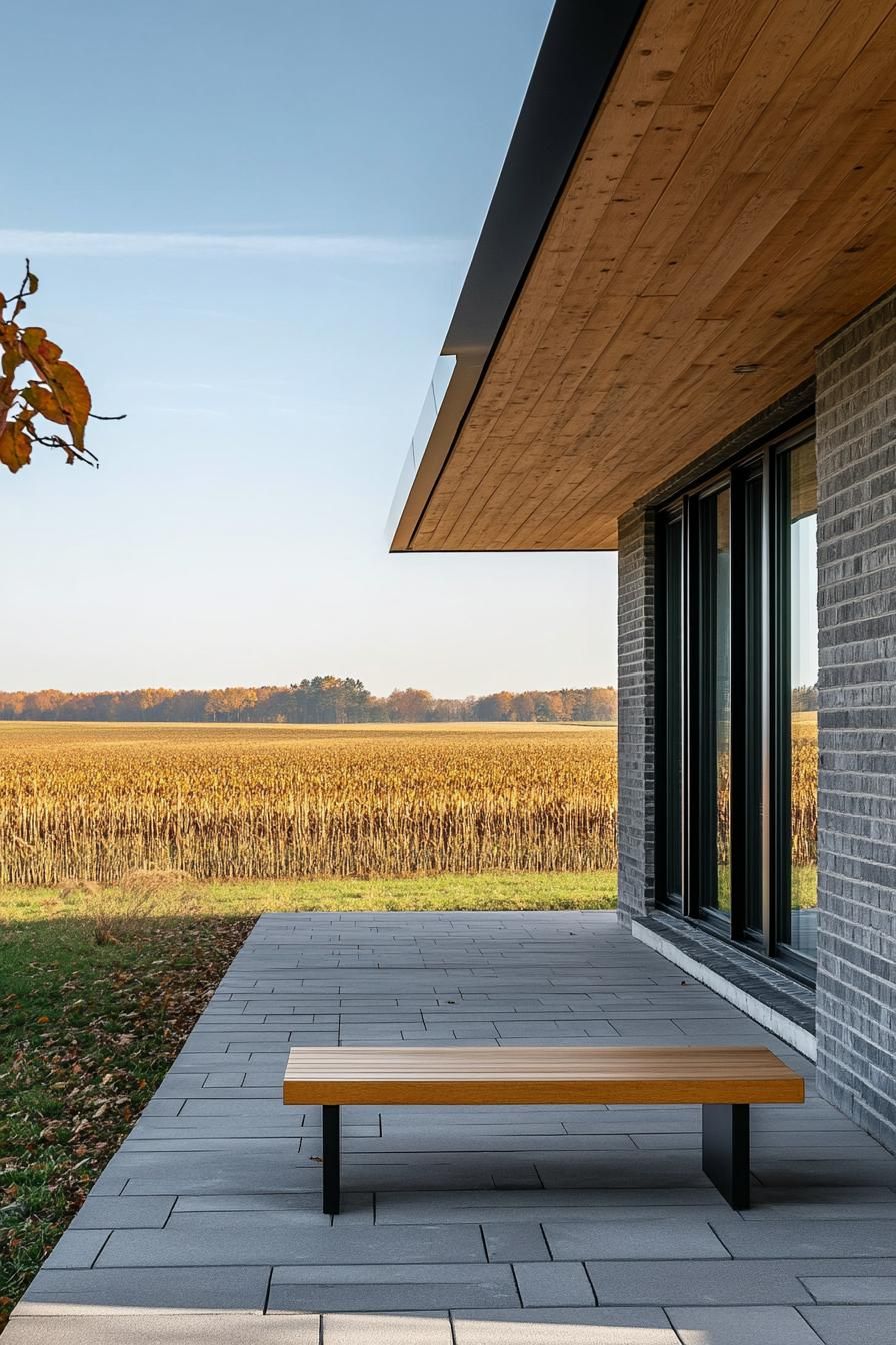 mid century modern house front porch open and minimalist with a single Danish bench Scandinavian fields in the background 3