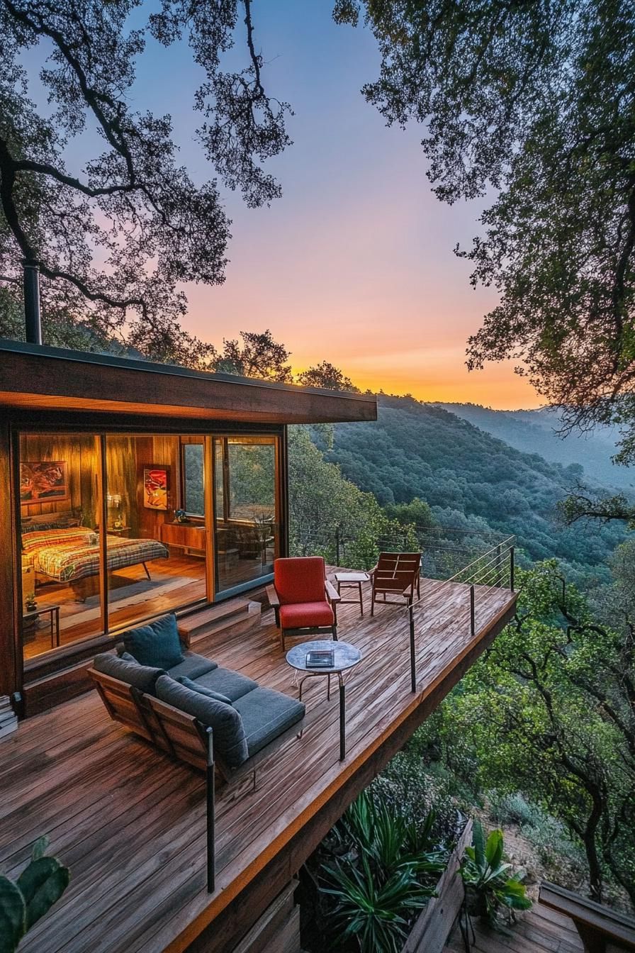 mid century modern cabin cantilevered over outdoor deck stunning hillside views 3