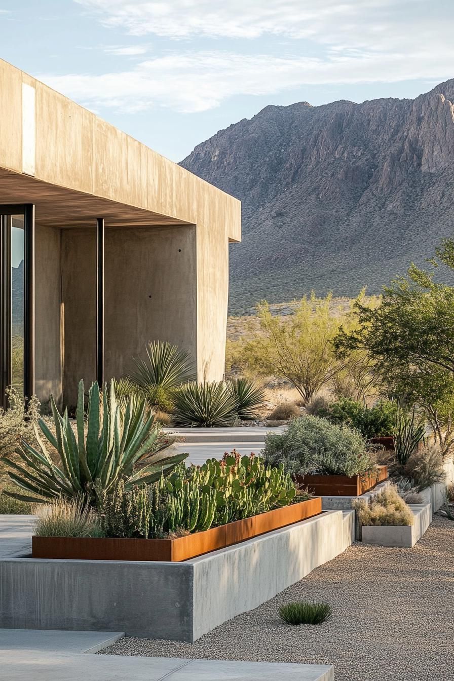 modern 70s style house front yard with cement planter boxes stunning arid mountain landscape in the background 2