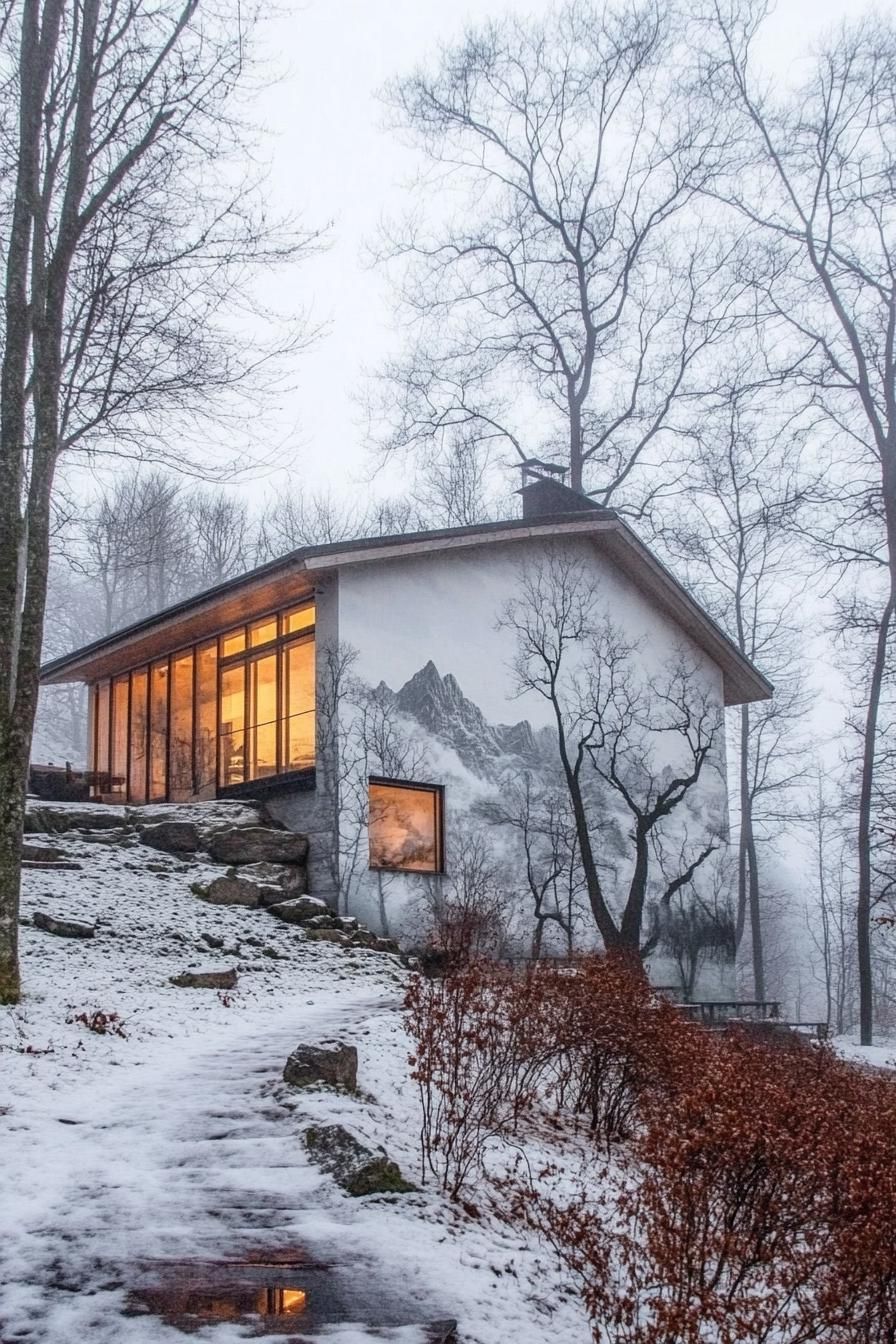modern French chalet house facade accent wall with colored Alpine mural painting yard surrounded by leafless trees misty weather 3