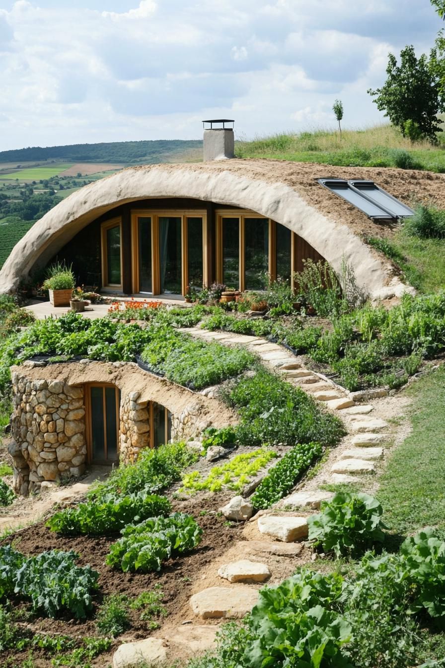 modern earth bermed house with earth covered roof with veggie garden in picturesque hilly farmlands