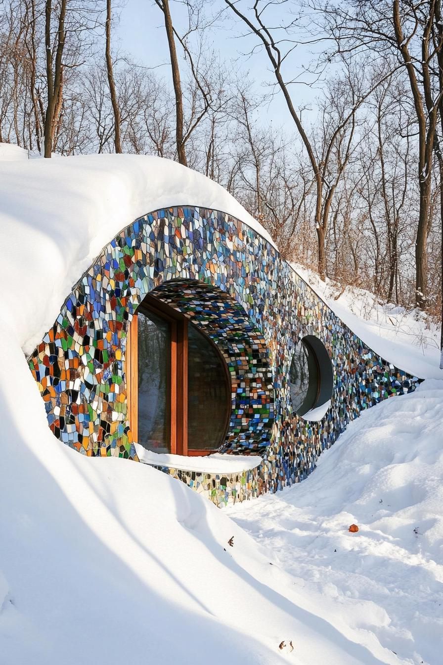 modern earth sheltered house built into a hill with recycled multicolor glass mosaic facade in winter covered in snow 2