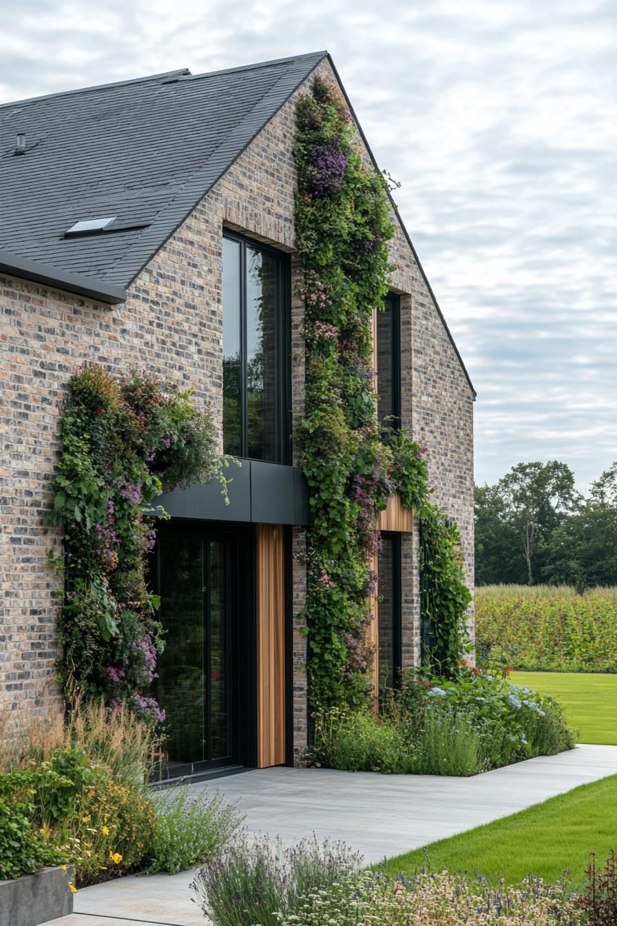 modern rural house facade with vertical garden beautiful English farmland in the background 3