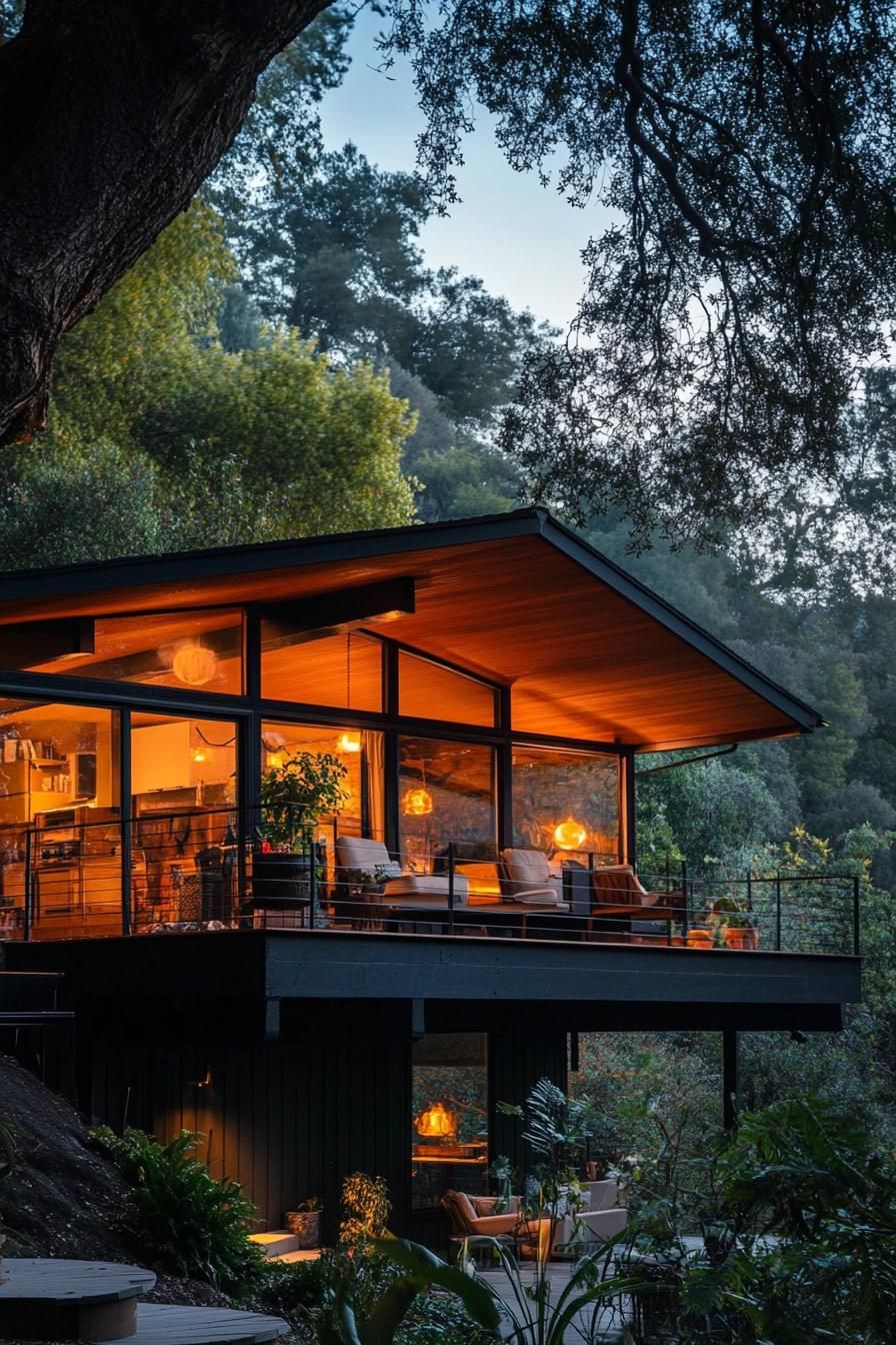 mid century modern cabin cantilevered over outdoor deck stunning hillside views