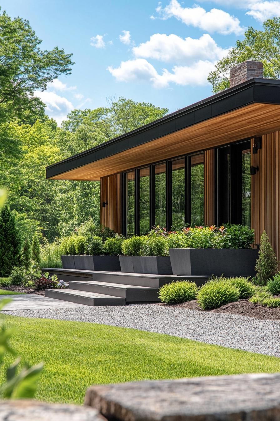 mid century modern cabin facade with integrated planters picturesque green farmlands 2