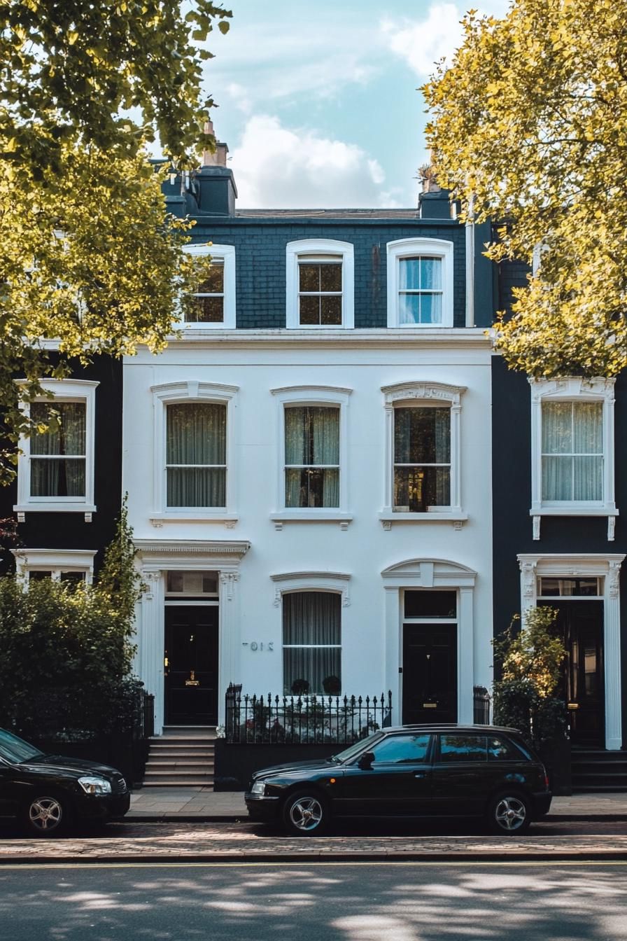 modern 90s style townhouse facade with bay windows uptown London street 3